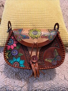 Mexican Hand-Painted Brown Leather Crossbody Bag with Floral & Butterfly Motif